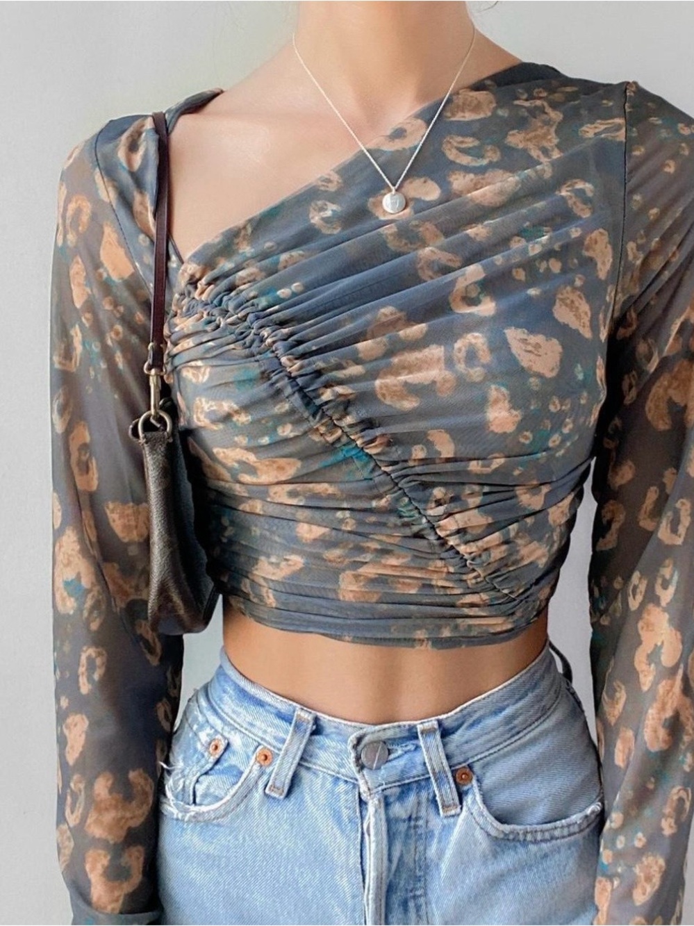 Free People Ruched Asymmetric Leopard Crop Top - Gray, Brown